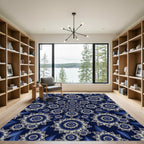 Midnight Blue Fractal Spiral Floral Mandala Rug