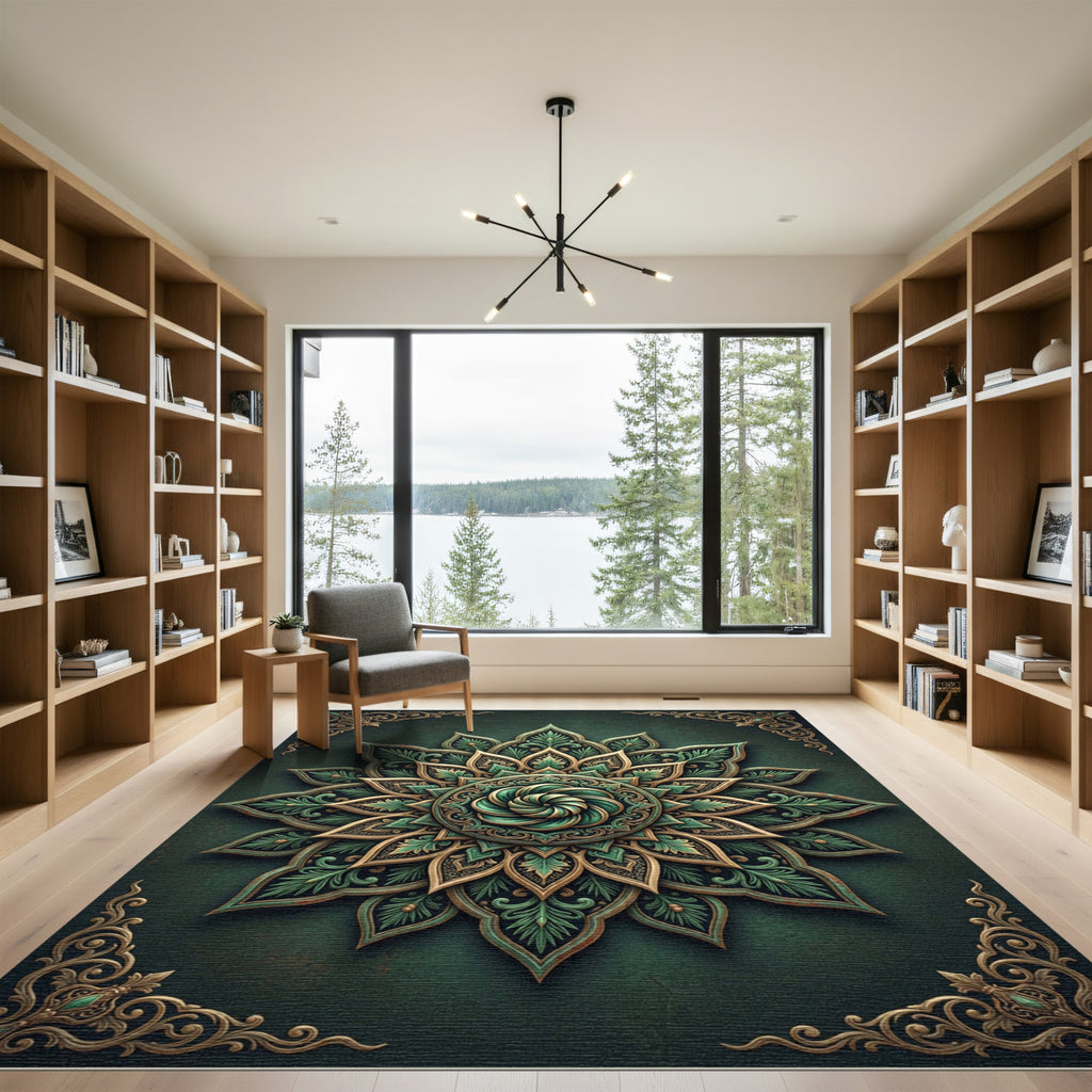 Ornate Emerald Gold Sculpted Lotus Medallion Rug