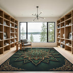 Ornate Emerald Gold Sculpted Lotus Medallion Rug