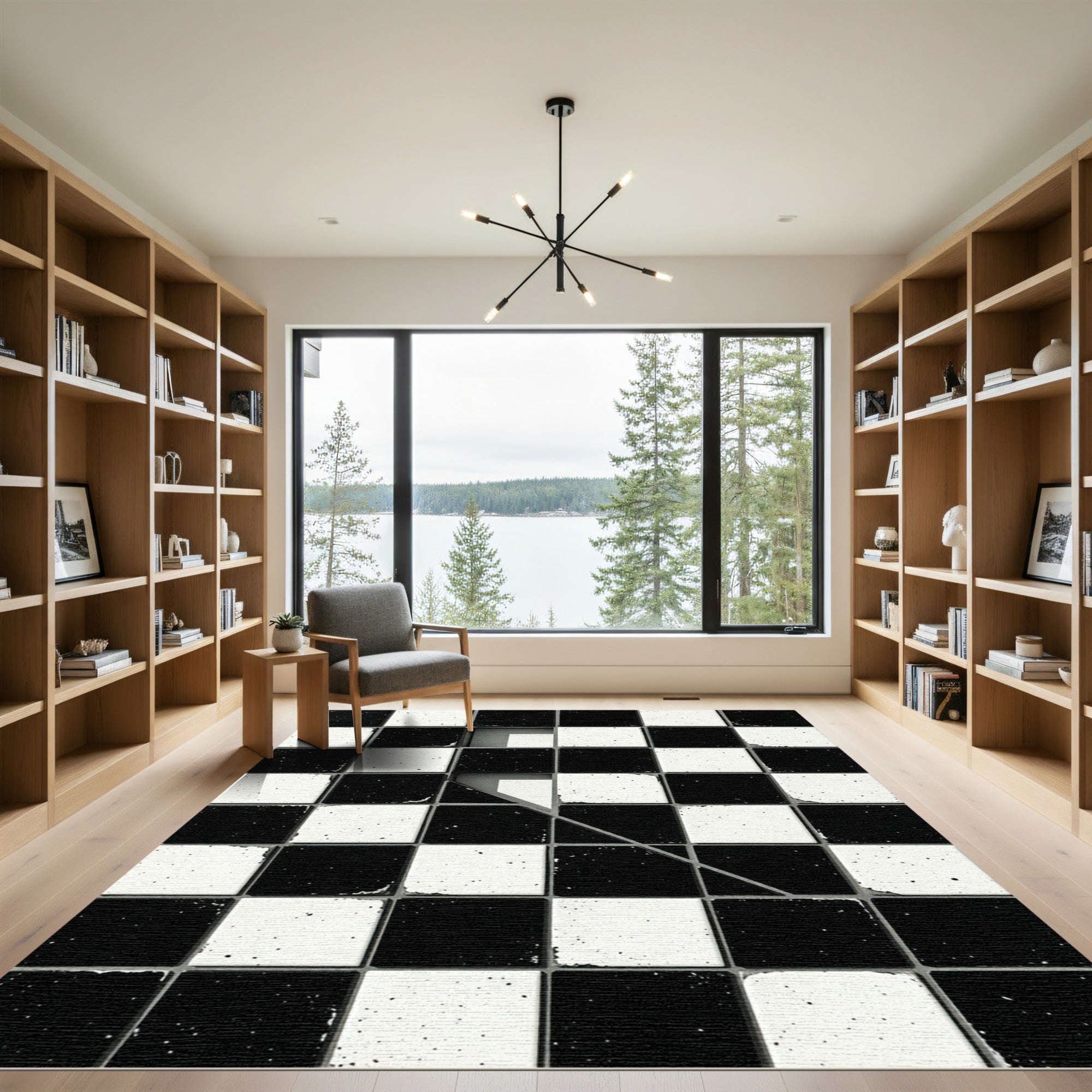 Monochrome Geometric Split Checkerboard Rug