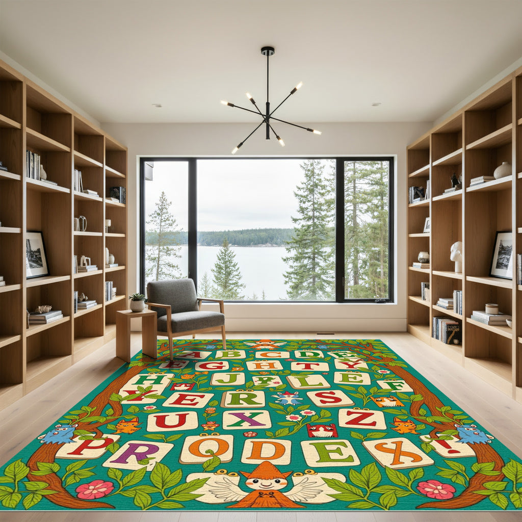 Whimsical Alphabet Woodland Creatures Garden Rug