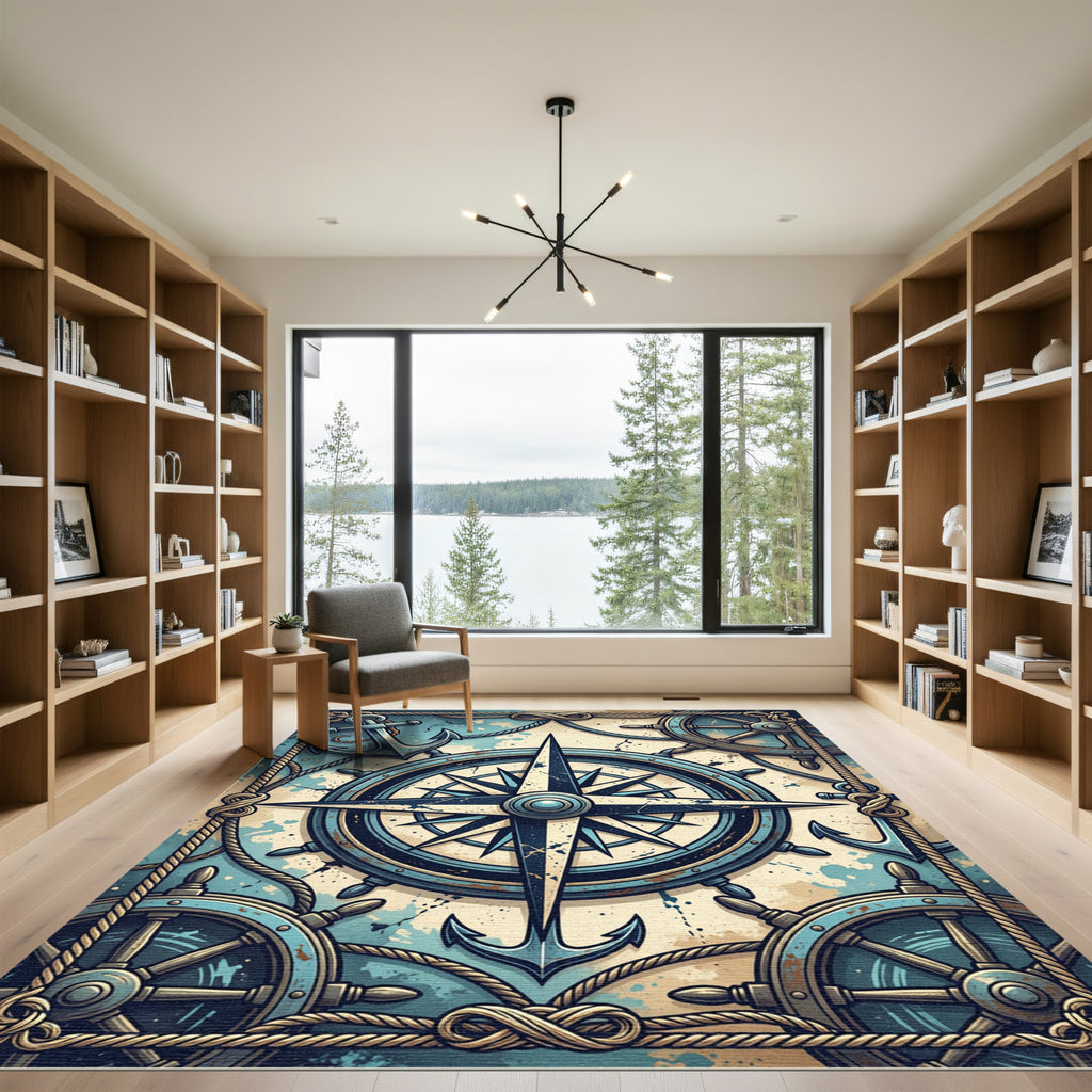 Nautical Spoke Compass Wheel Anchor Rug