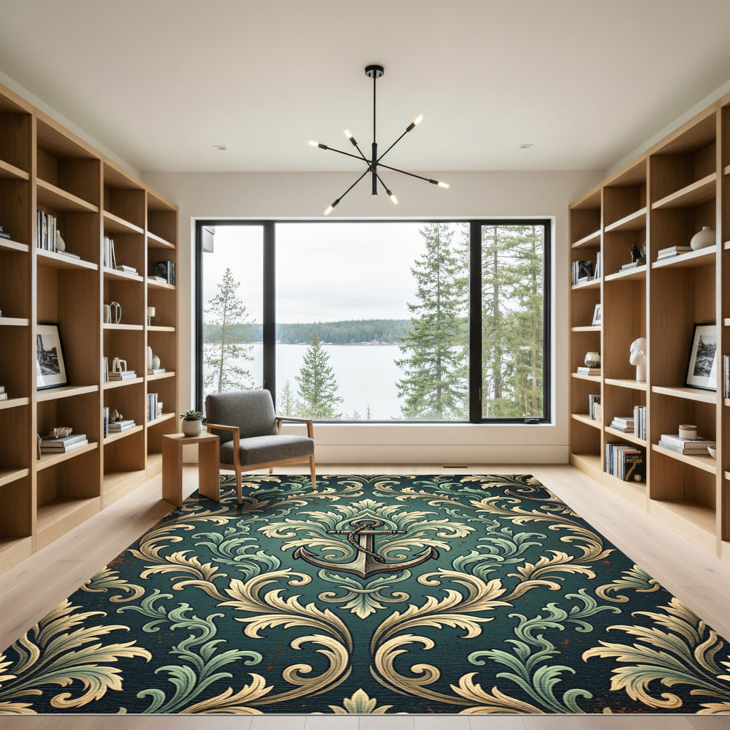 Victorian Teal Anchor Scroll Medallion Rug