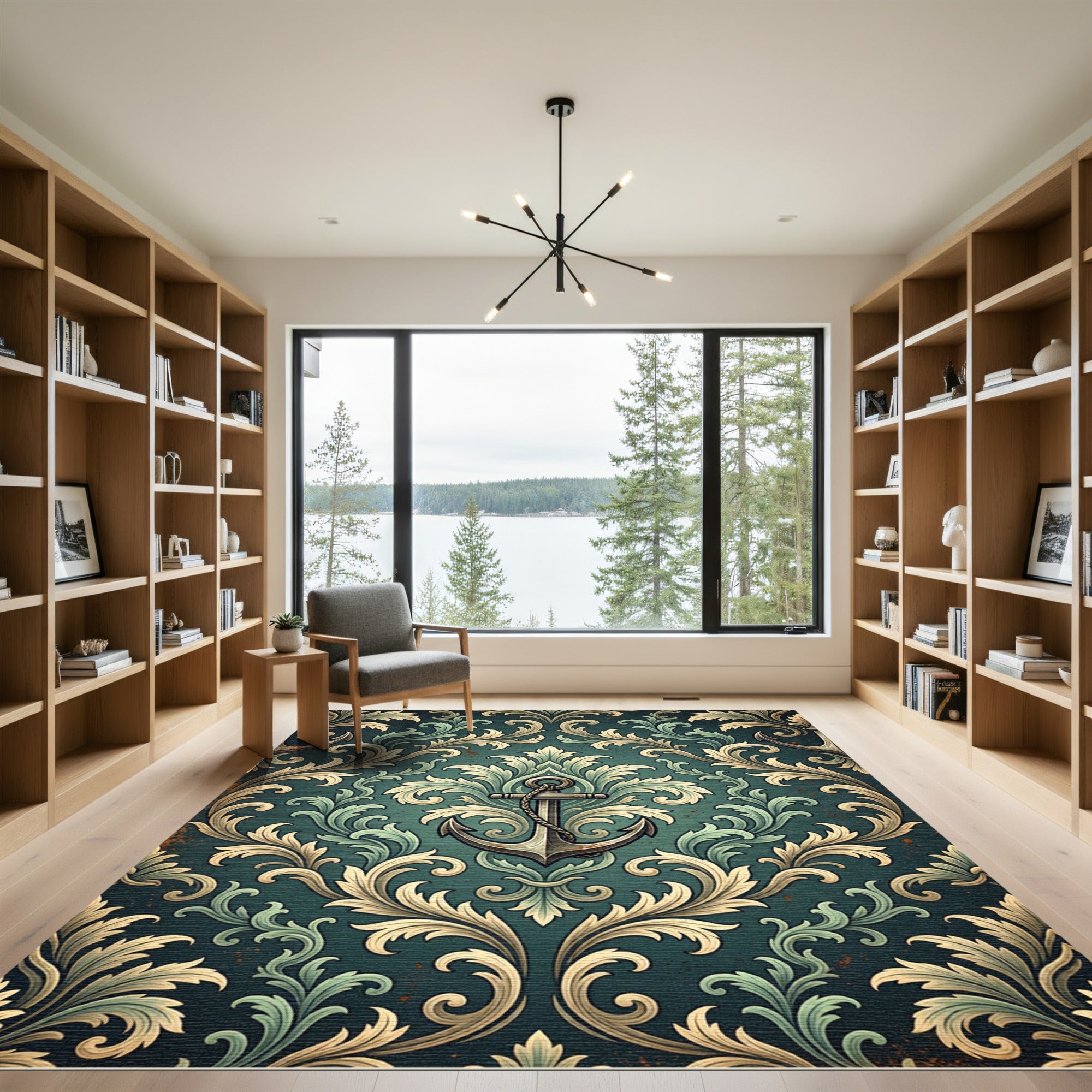 Victorian Teal Anchor Scroll Medallion Rug
