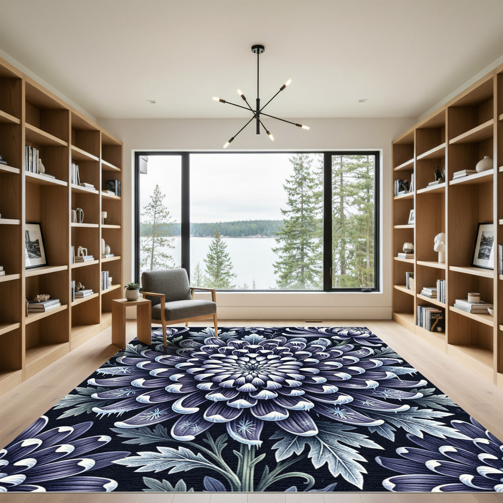 Frosty Indigo Floral Mandala Rug