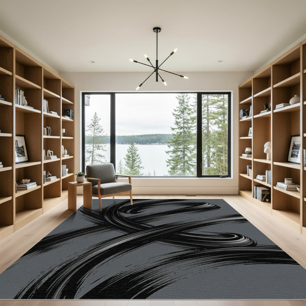 Charcoal Black Swirl Abstract Rug