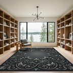 Ornate Charcoal Acanthus Scrollwork Frame Rug