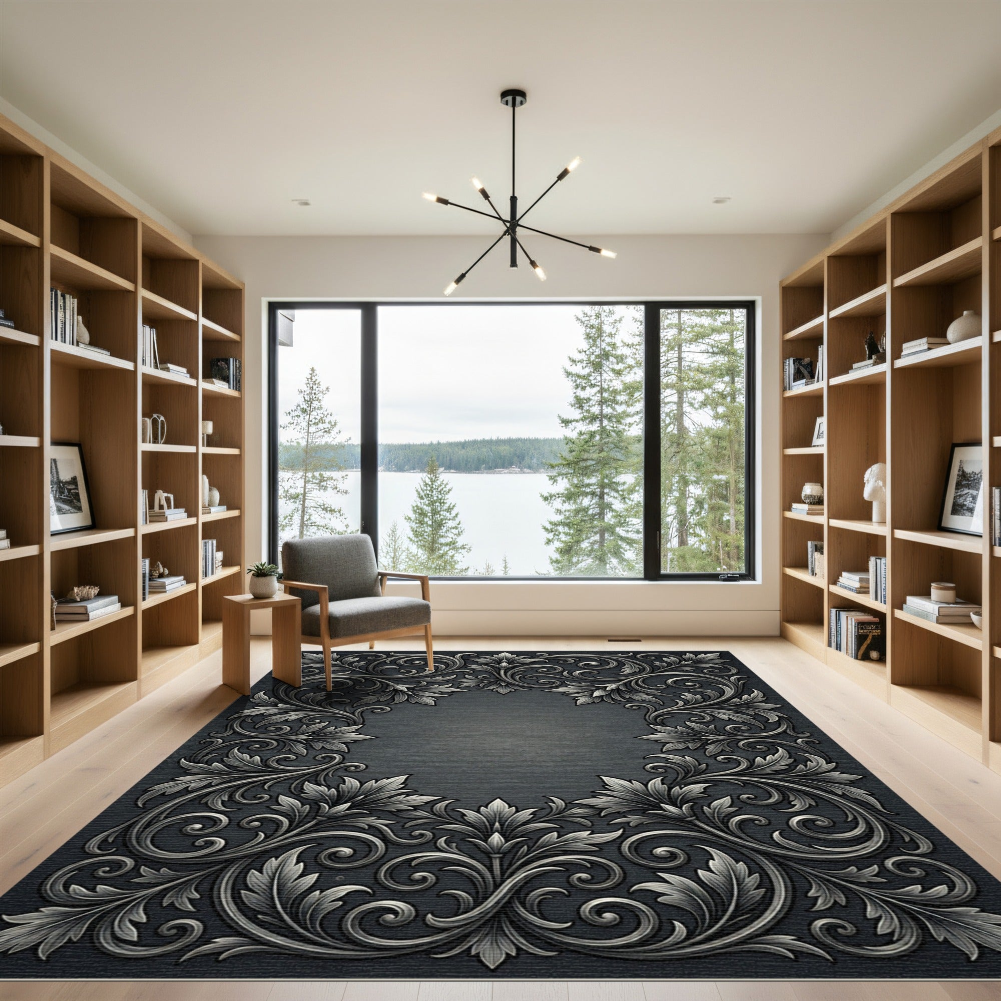 Ornate Charcoal Acanthus Scrollwork Frame Rug