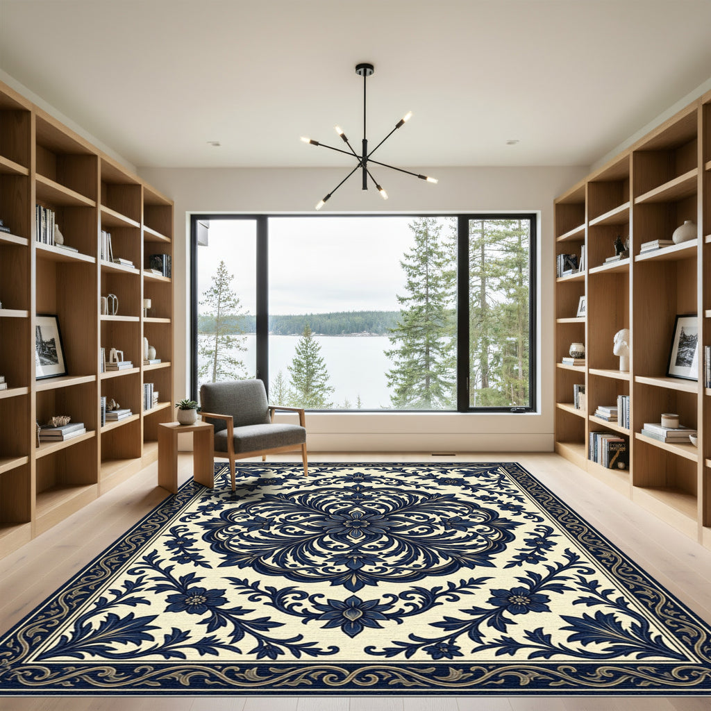 Elegant Midnight Blue Floral Damask Rug