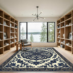 Elegant Midnight Blue Floral Damask Rug