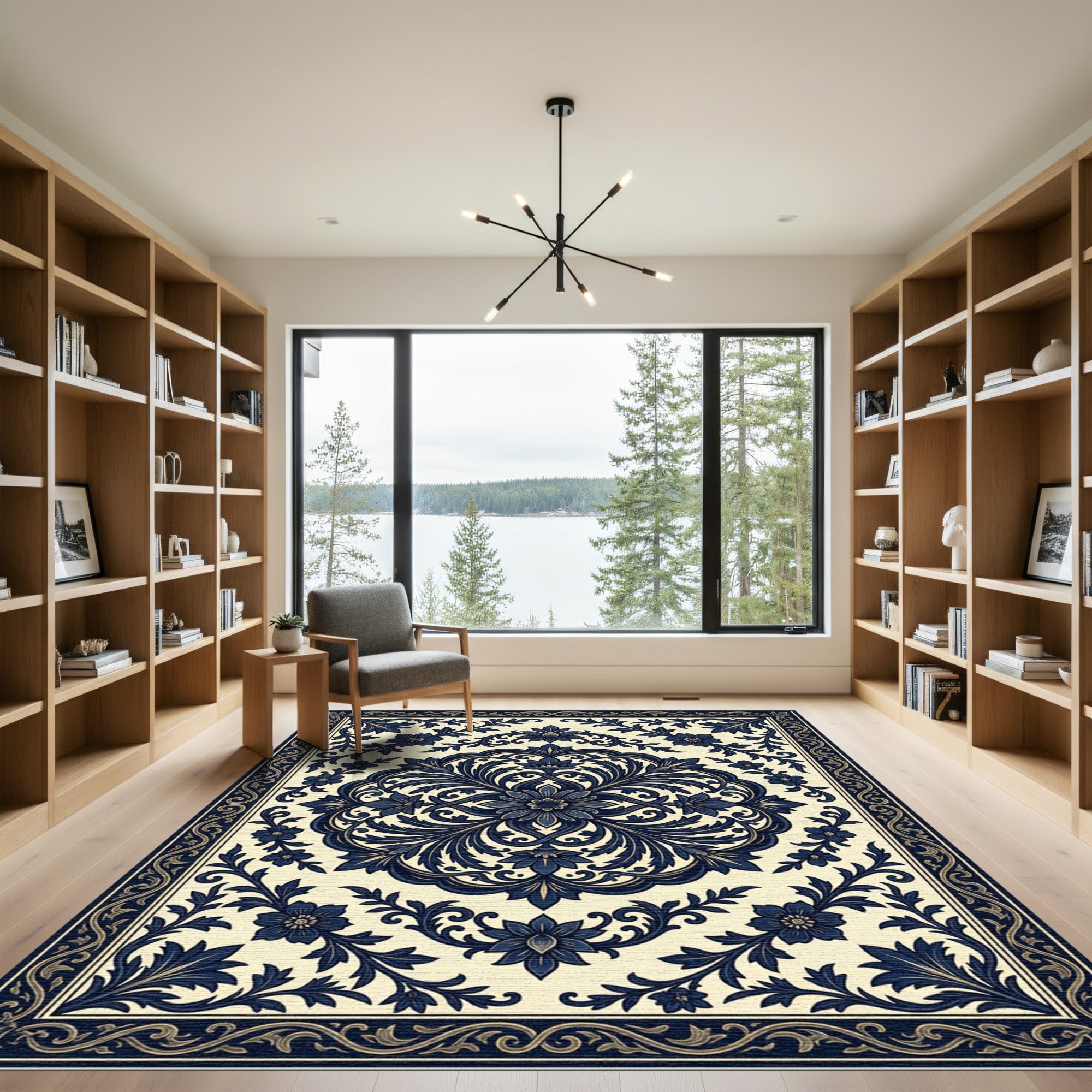 Elegant Midnight Blue Floral Damask Rug