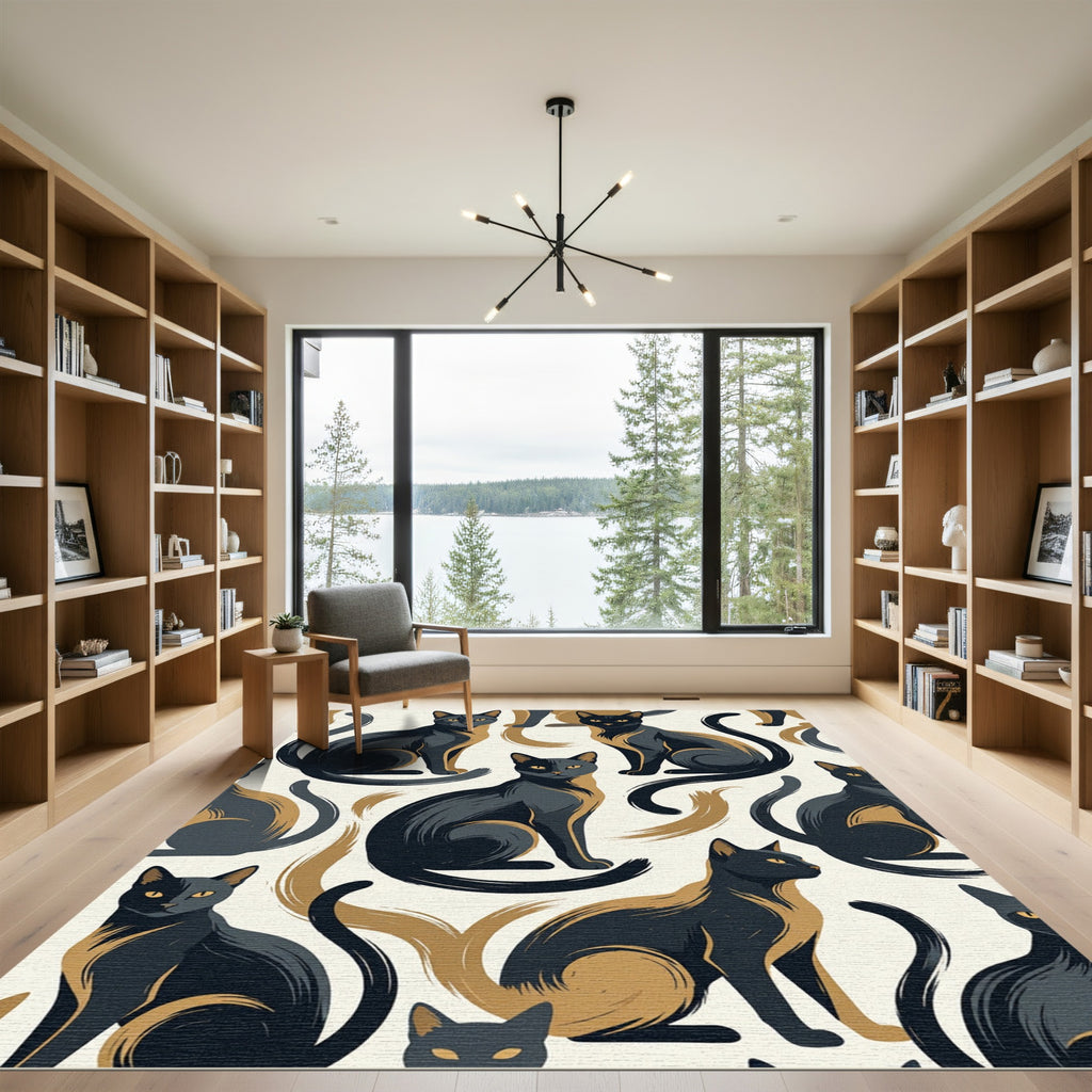 Black And Tan Feline Swirls Rug