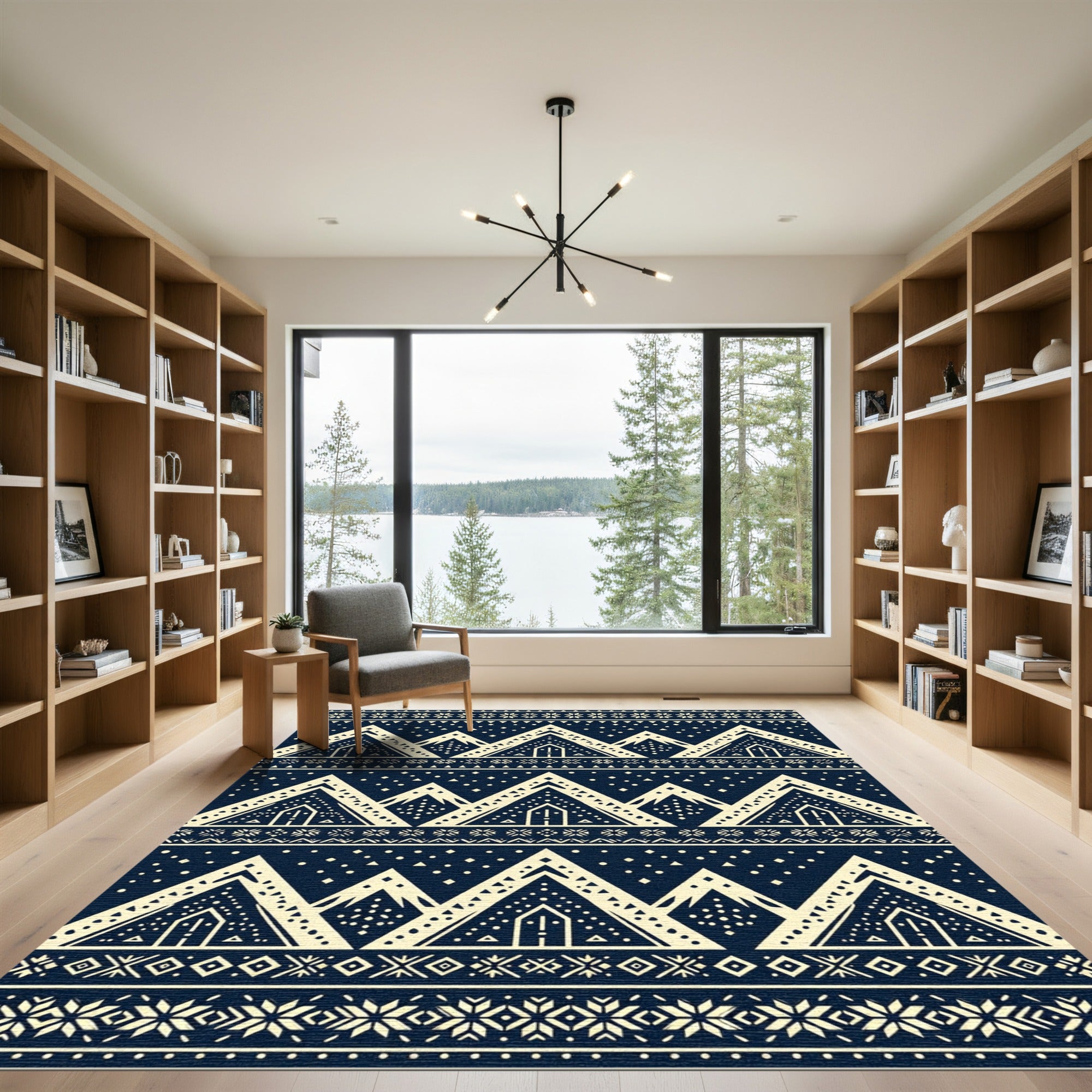 Nordic Cream Peak Geometric Navy Area Rug