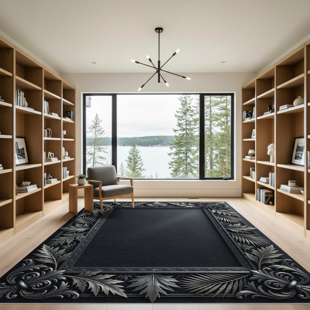 Ornate Silver Leaf Scroll Frame Rug