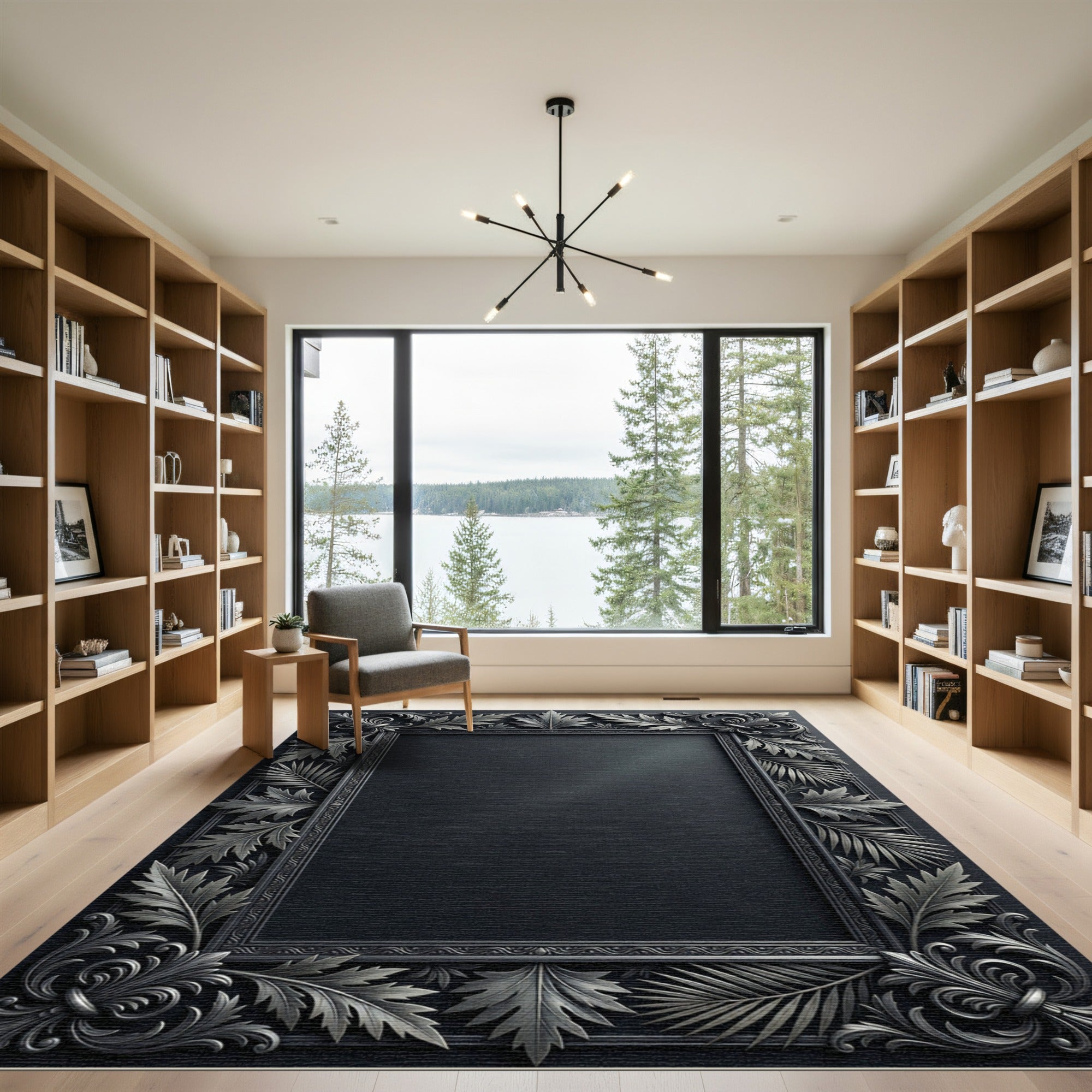 Ornate Silver Leaf Scroll Frame Rug