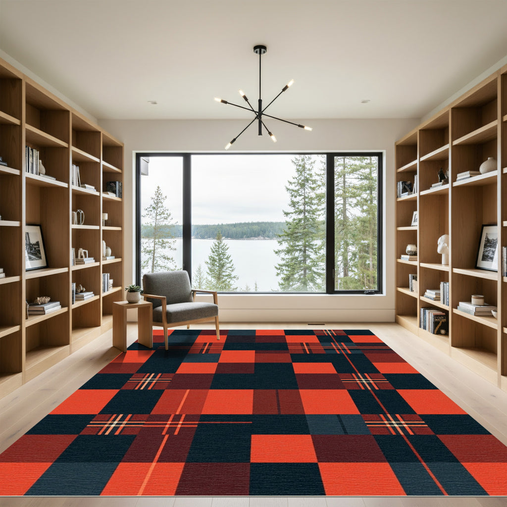 Modern Geometric Red and Black Plaid Rug