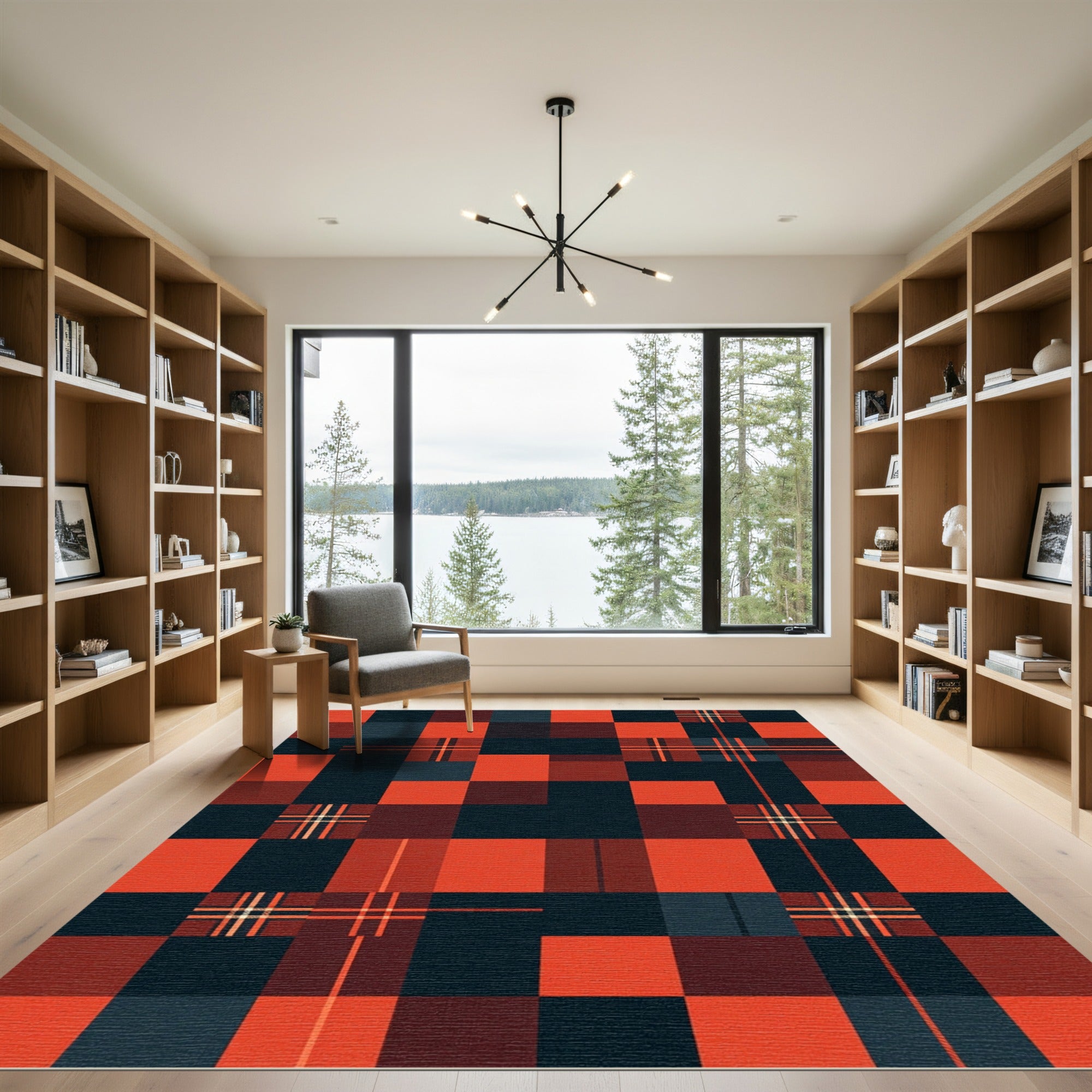 Modern Geometric Red and Black Plaid Rug
