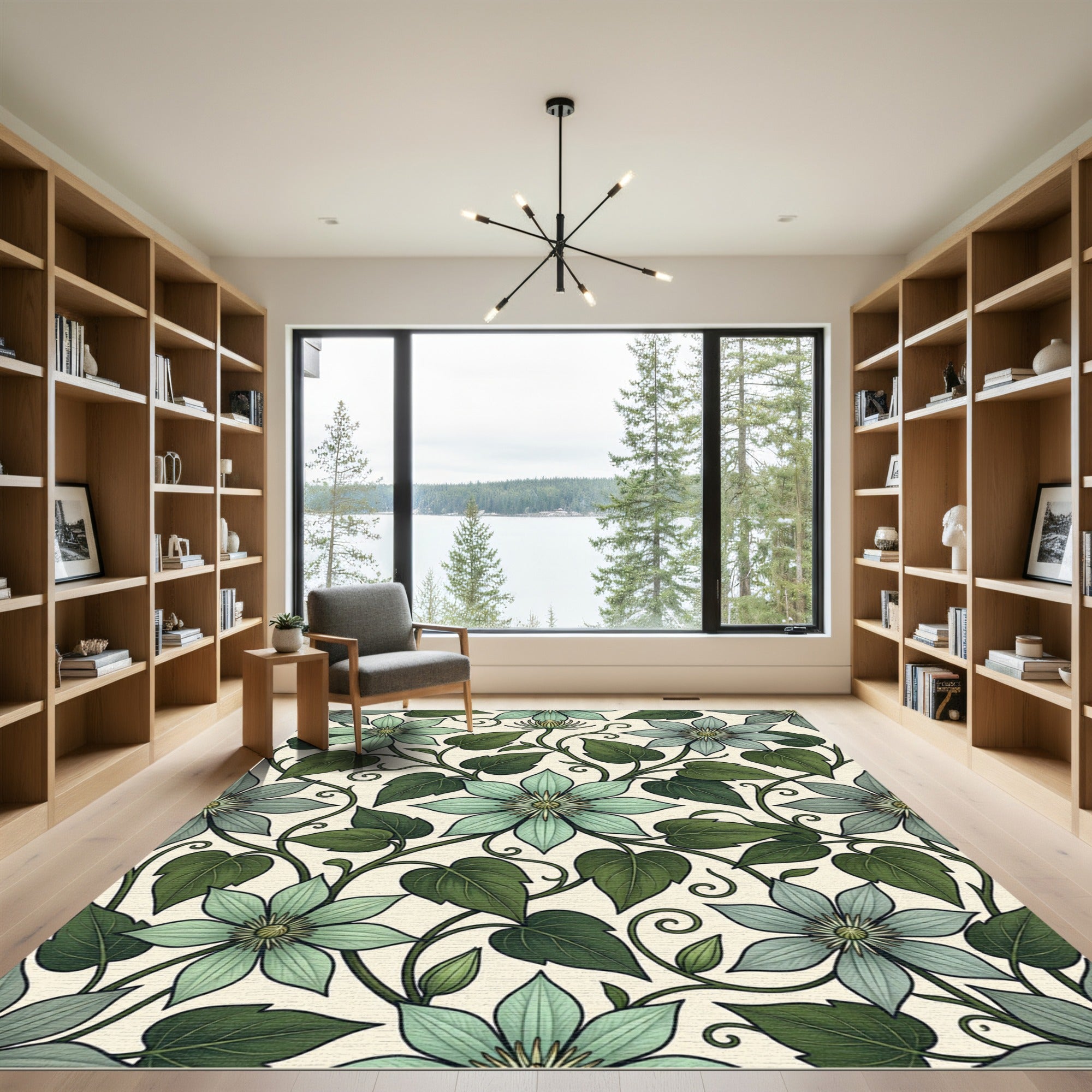 Sage Green Clematis Botanical Floral Rug