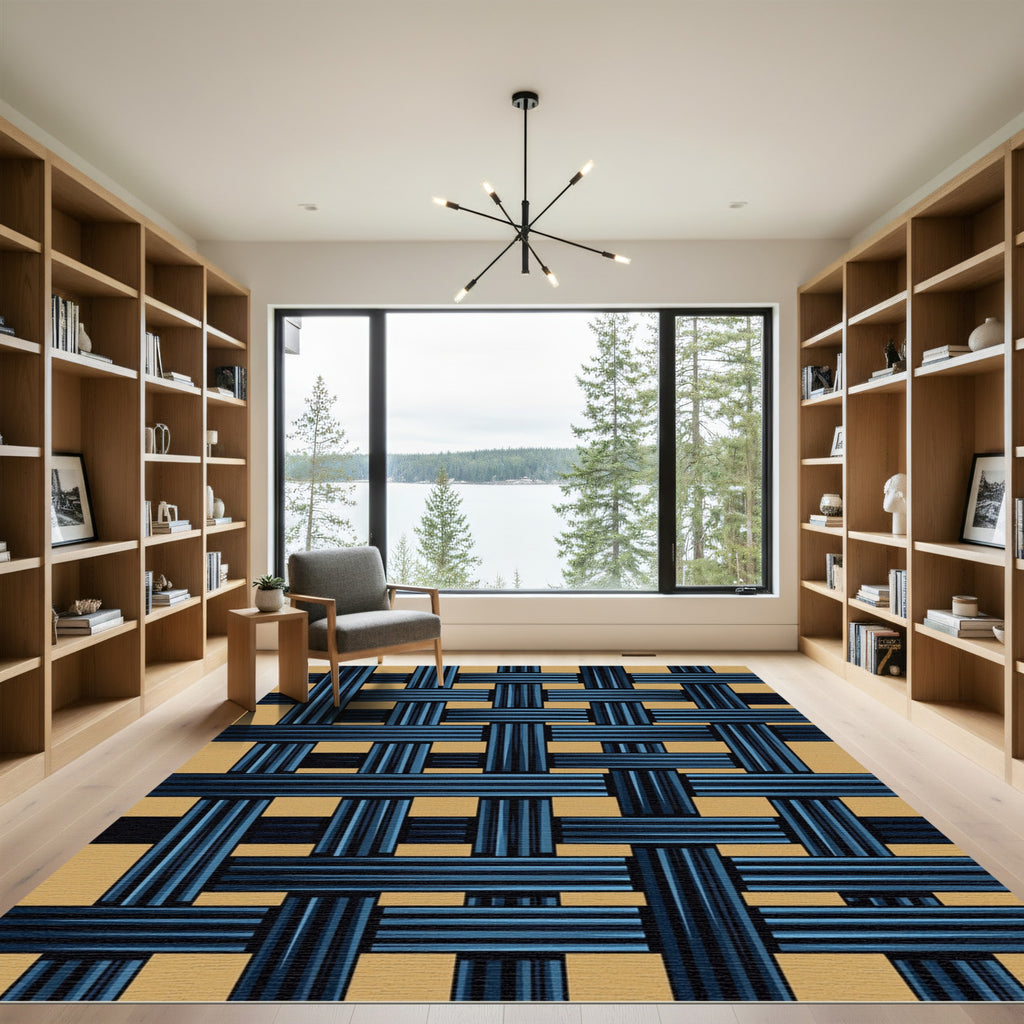 Contemporary Indigo Navy Interlocking Woven Grid Rug