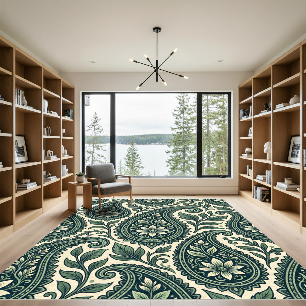 Elegant Forest Green Paisley Floral Rug