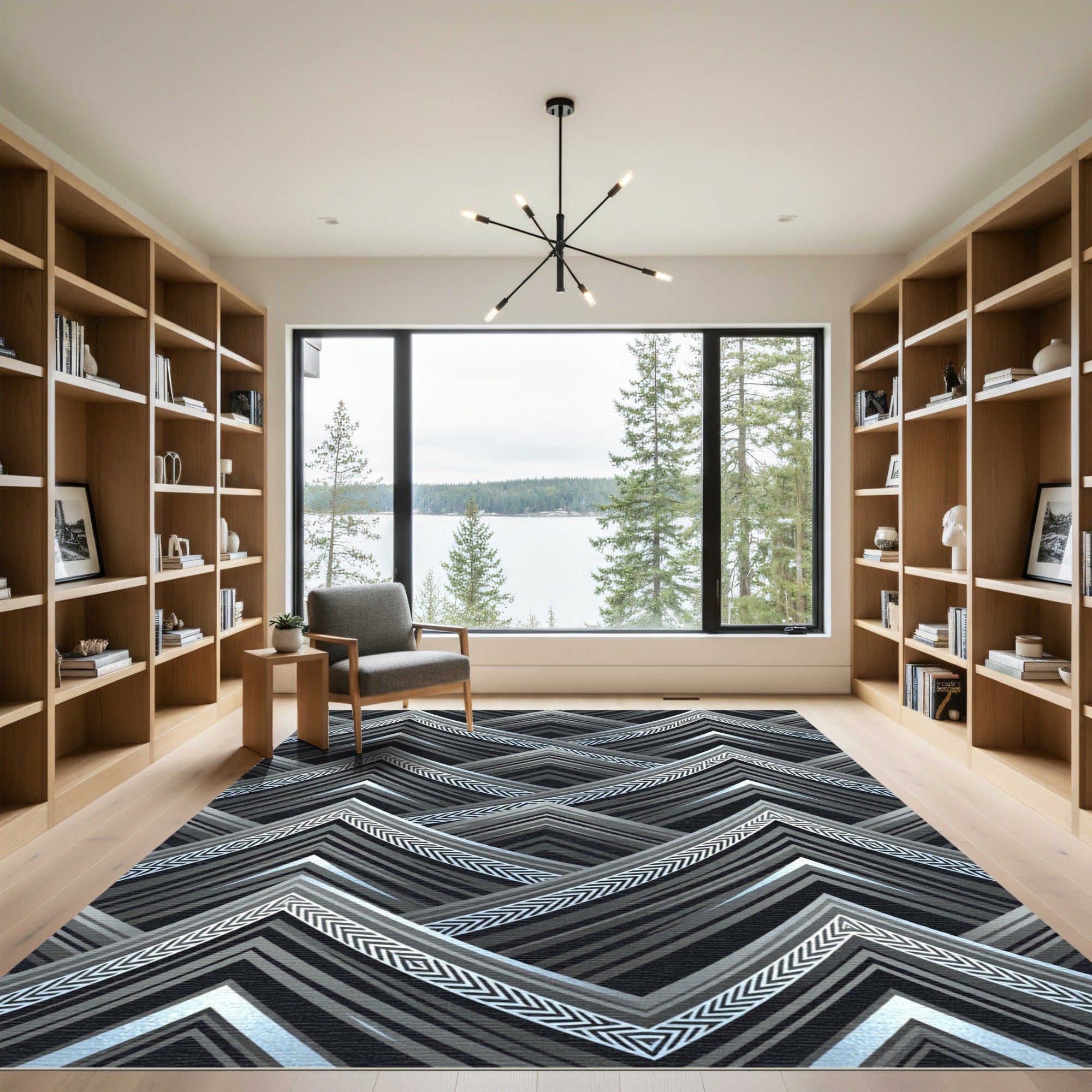 Modern Gray Chevron Mountain Peaks Rug