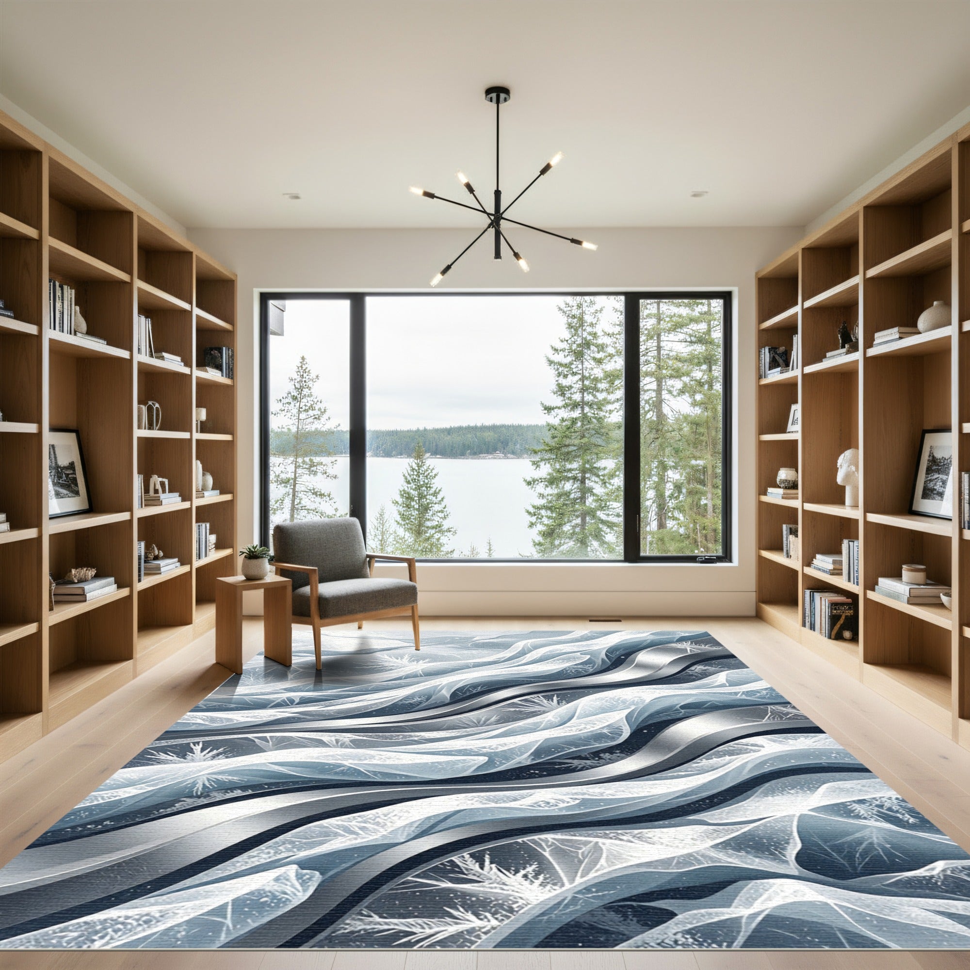 Abstract Icy Blue Flowing Wave Rug