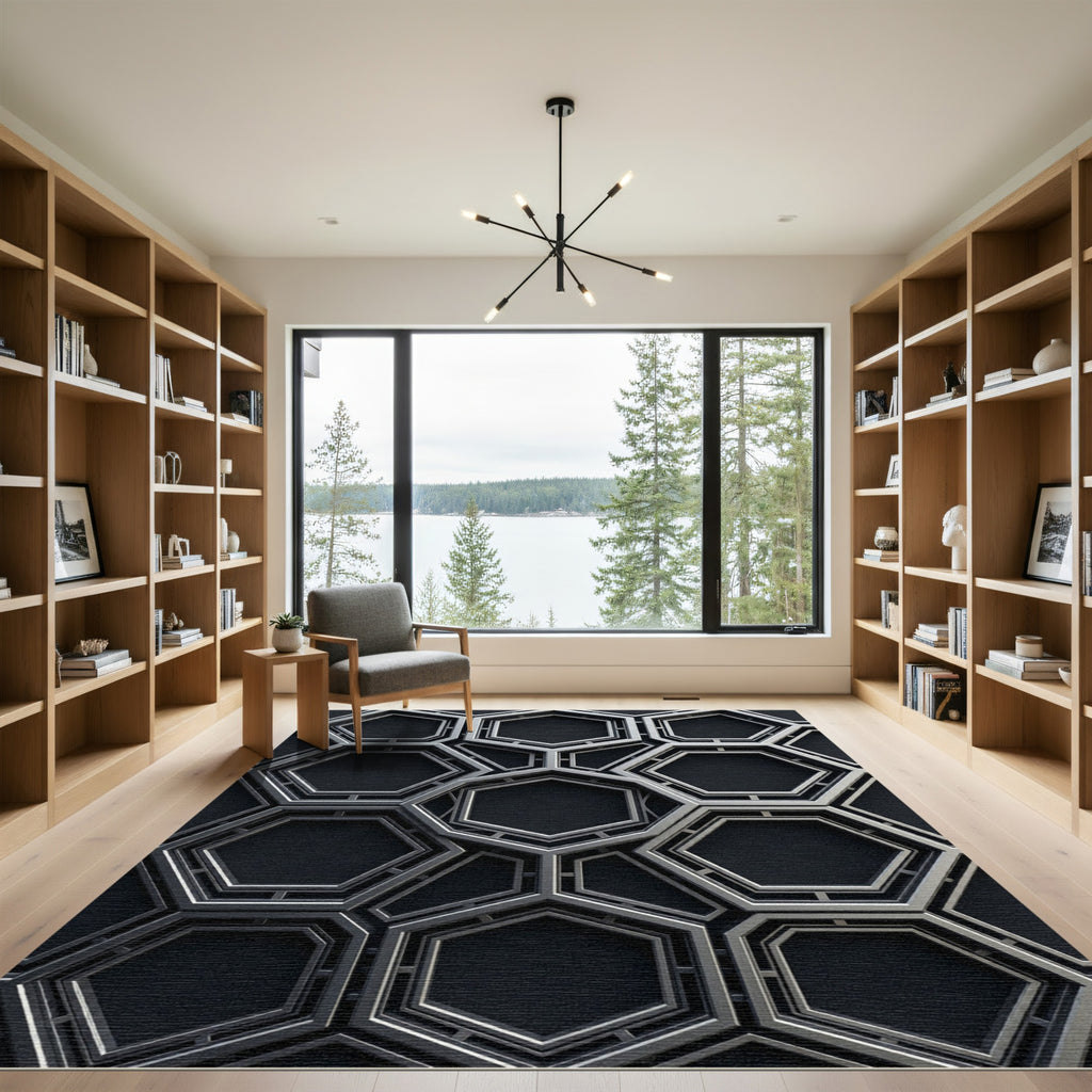 Modern Metallic Black Silver Hexagonal Geometry Rug