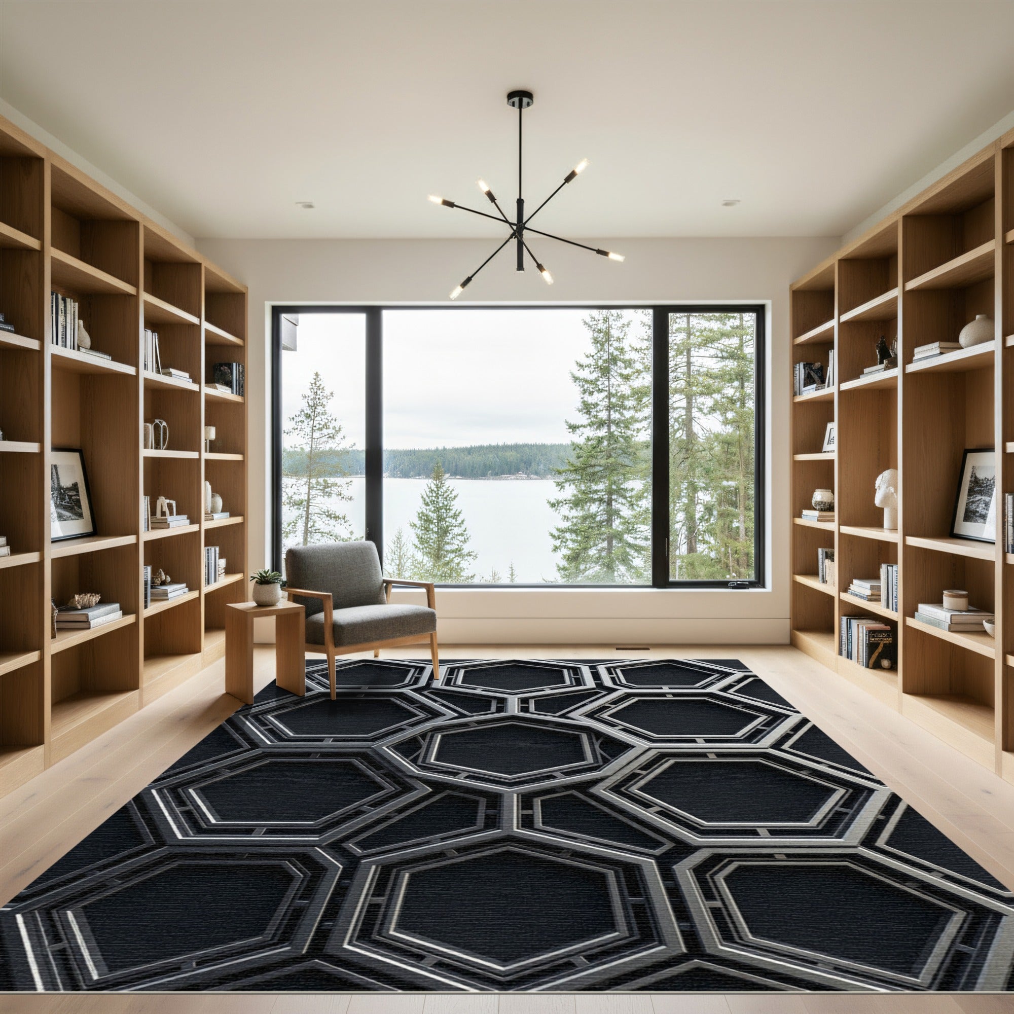 Modern Metallic Black Silver Hexagonal Geometry Rug