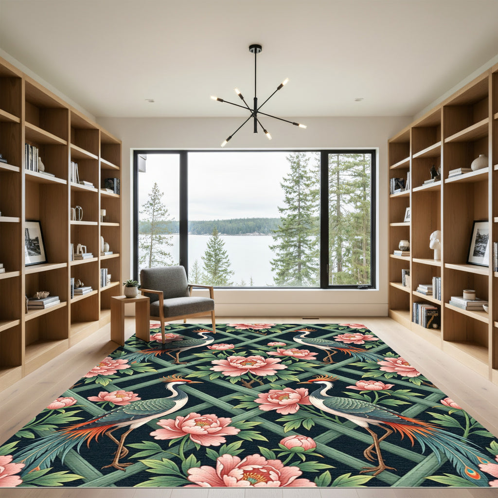 Chinoiserie Crane Peony Lattice Trellis Rug