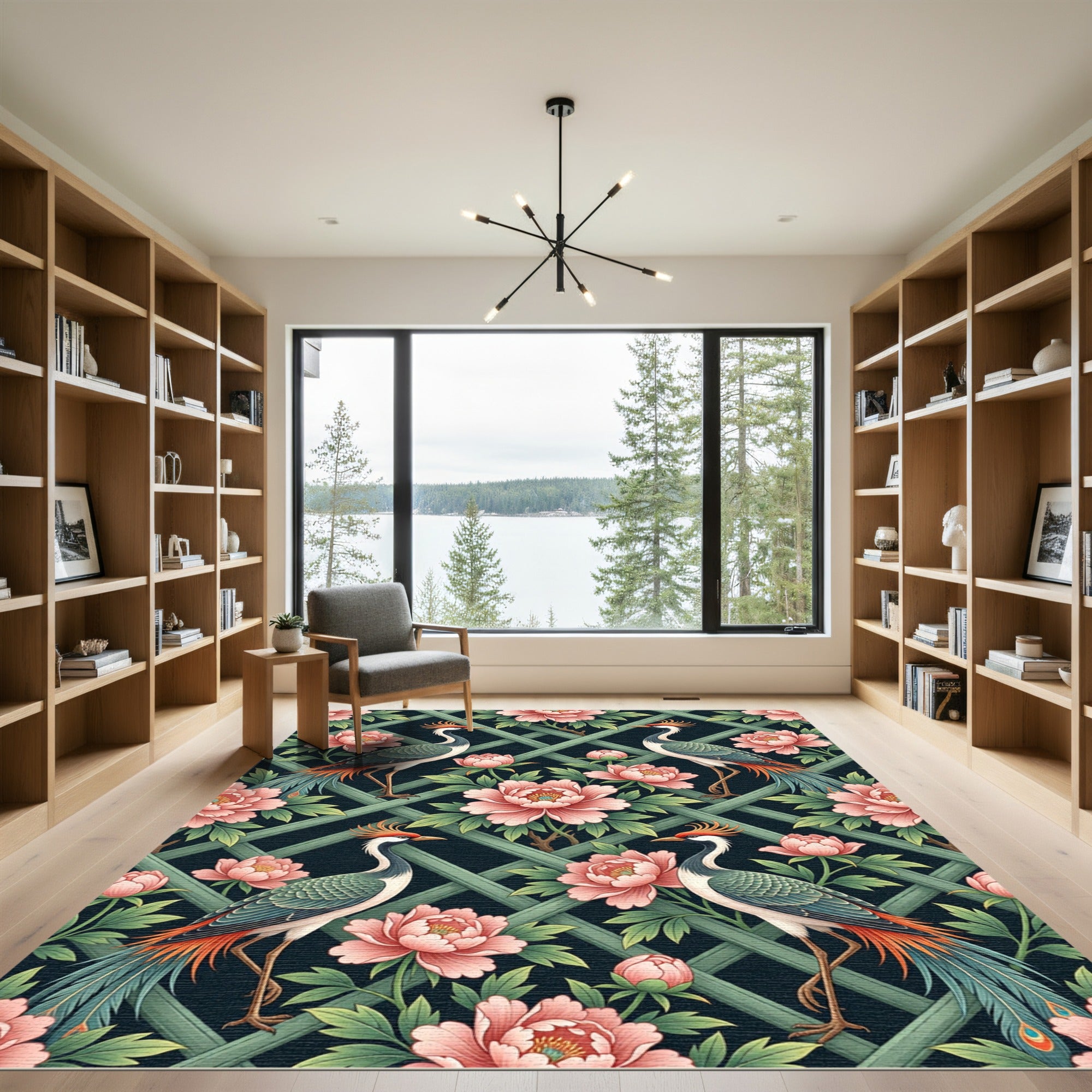 Chinoiserie Crane Peony Lattice Trellis Rug