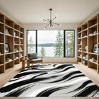 Black Brushstroke Swirls on Gray Rug