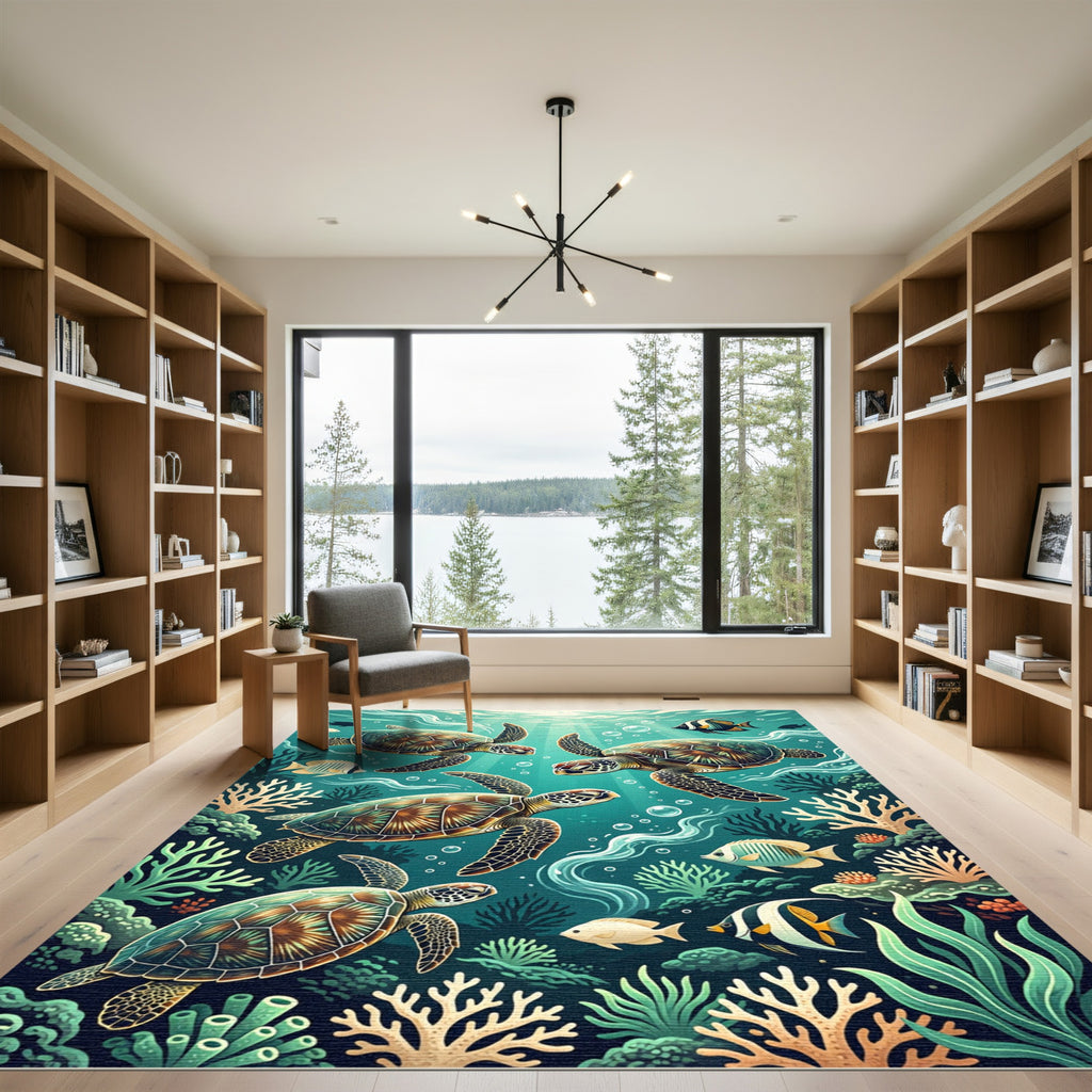 Vibrant Sea Turtle Coral Reef Depths Rug
