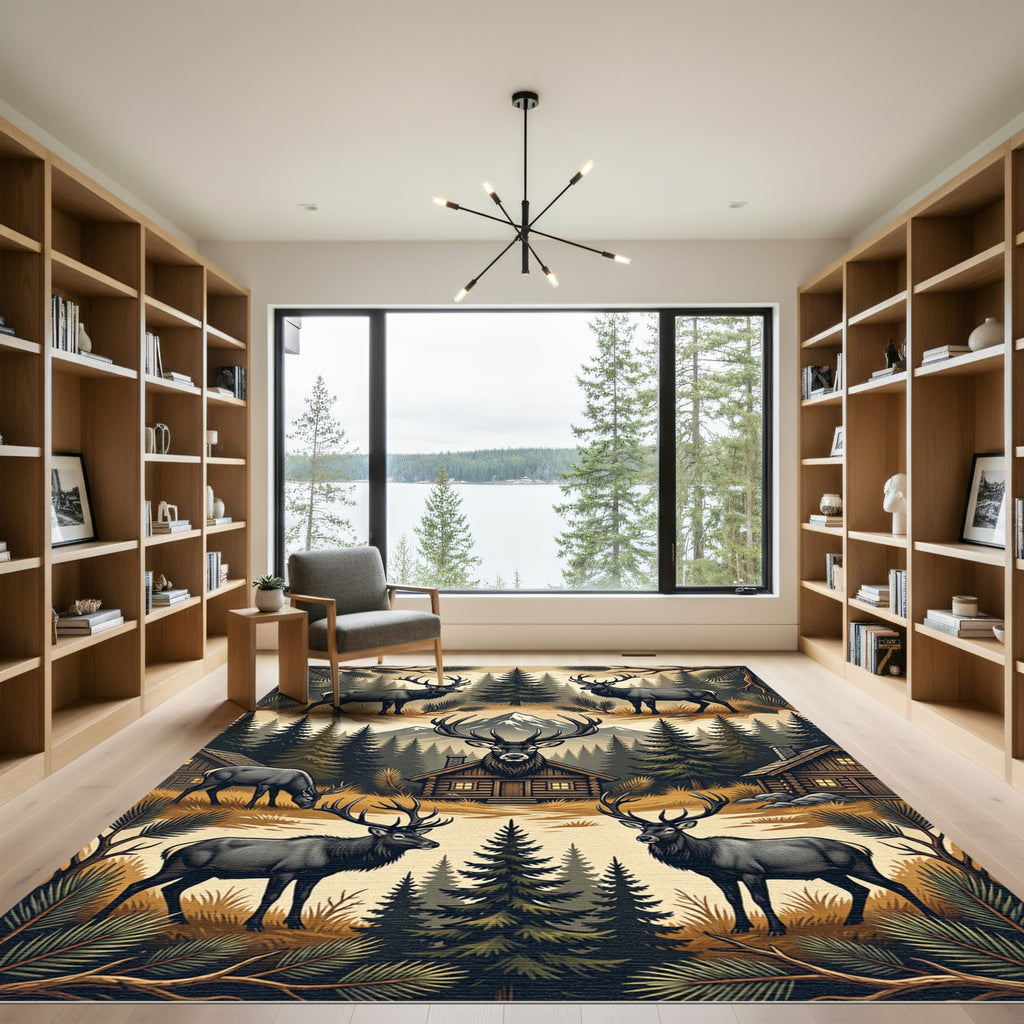 Rustic Mountain Elk Pine Forest Scene Rug