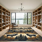 Rustic Mountain Elk Pine Forest Scene Rug