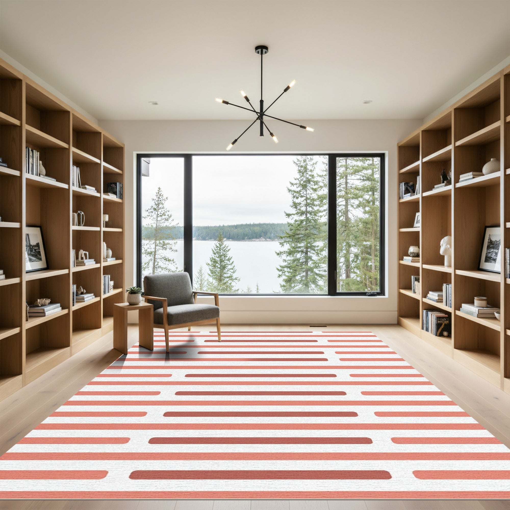Coral And Terracotta Striped Line Art Rug