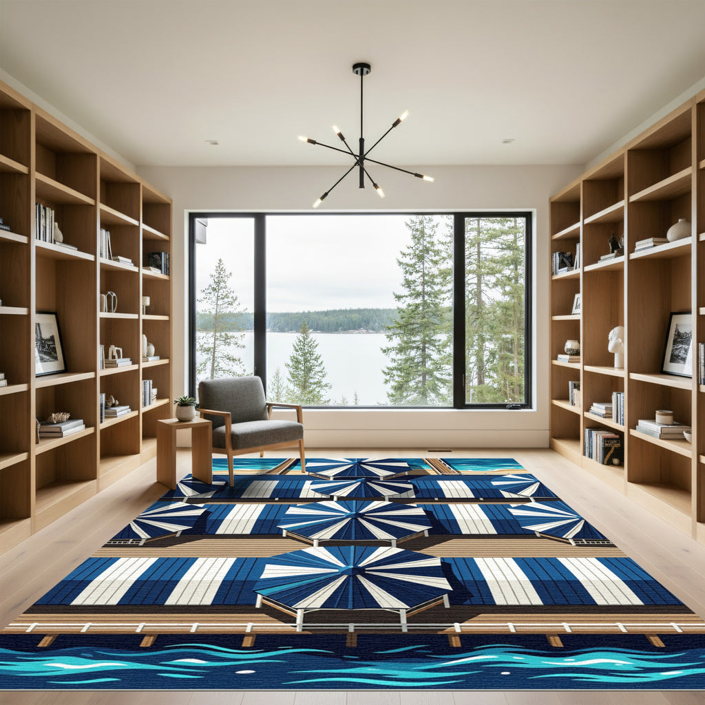 Coastal Navy White Striped Geometric Pier Rug