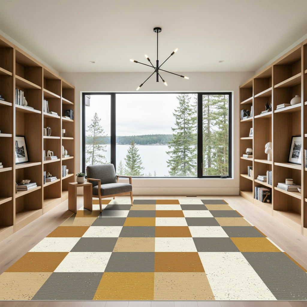 Earthy Toned Distressed Checkerboard Grid Rug