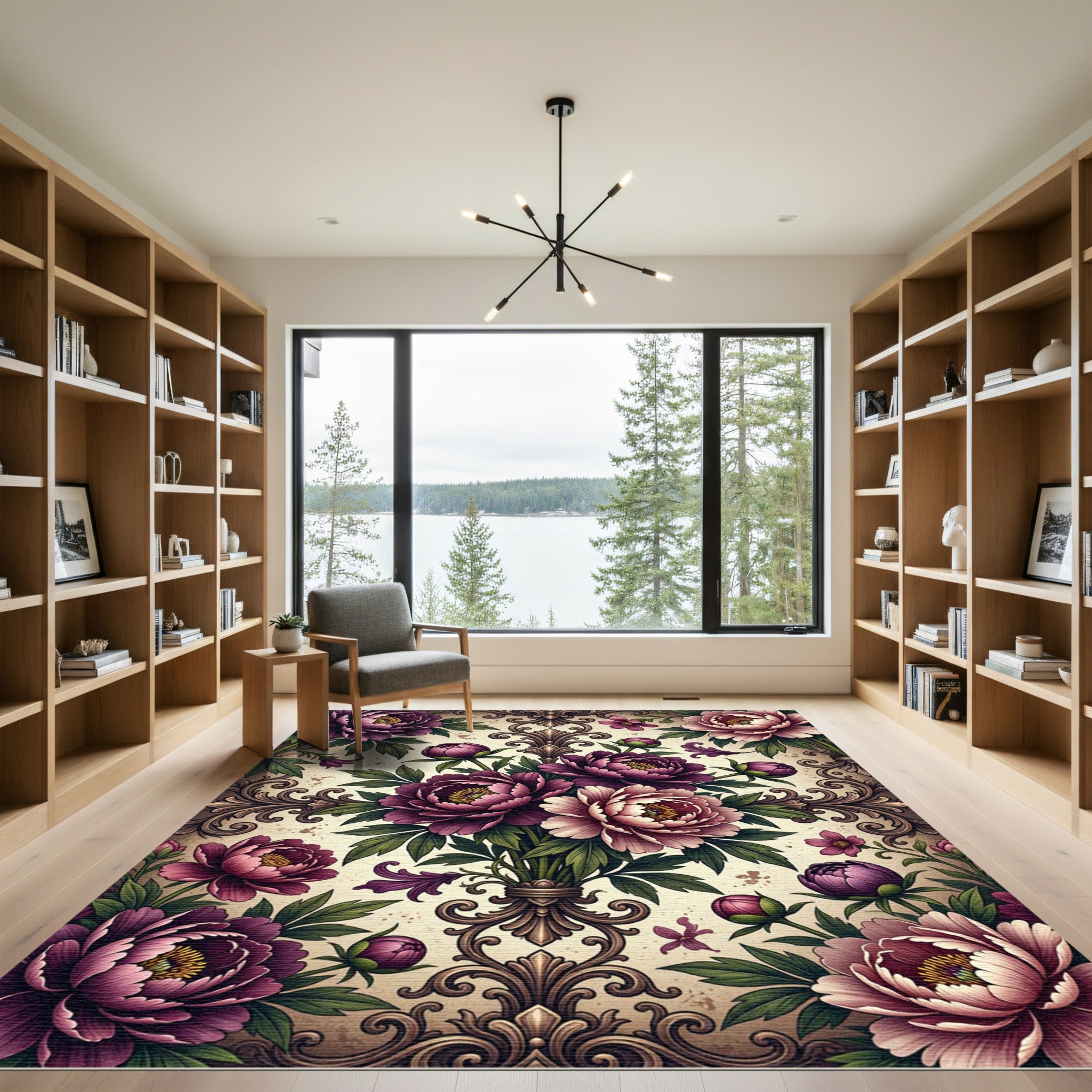 Elegant Purple Peony Floral Damask Rug