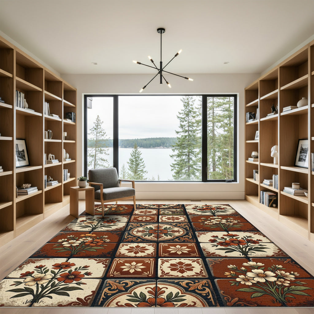 Cottage Floral Tile Earthy Terracotta Rug