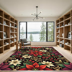 Rich Red Cream Poinsettia Scrolls Rug