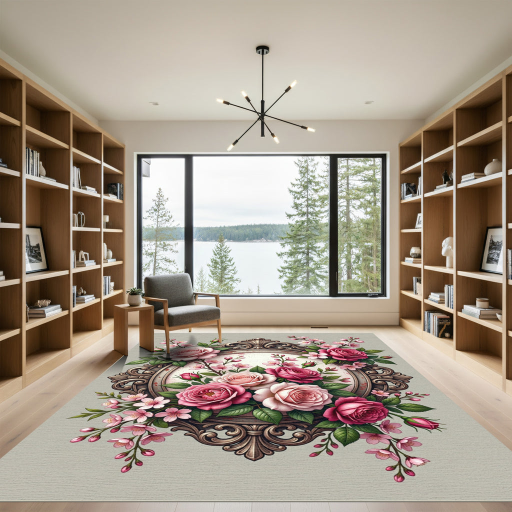 Romantic Pink Rose Victorian Floral Frame Rug