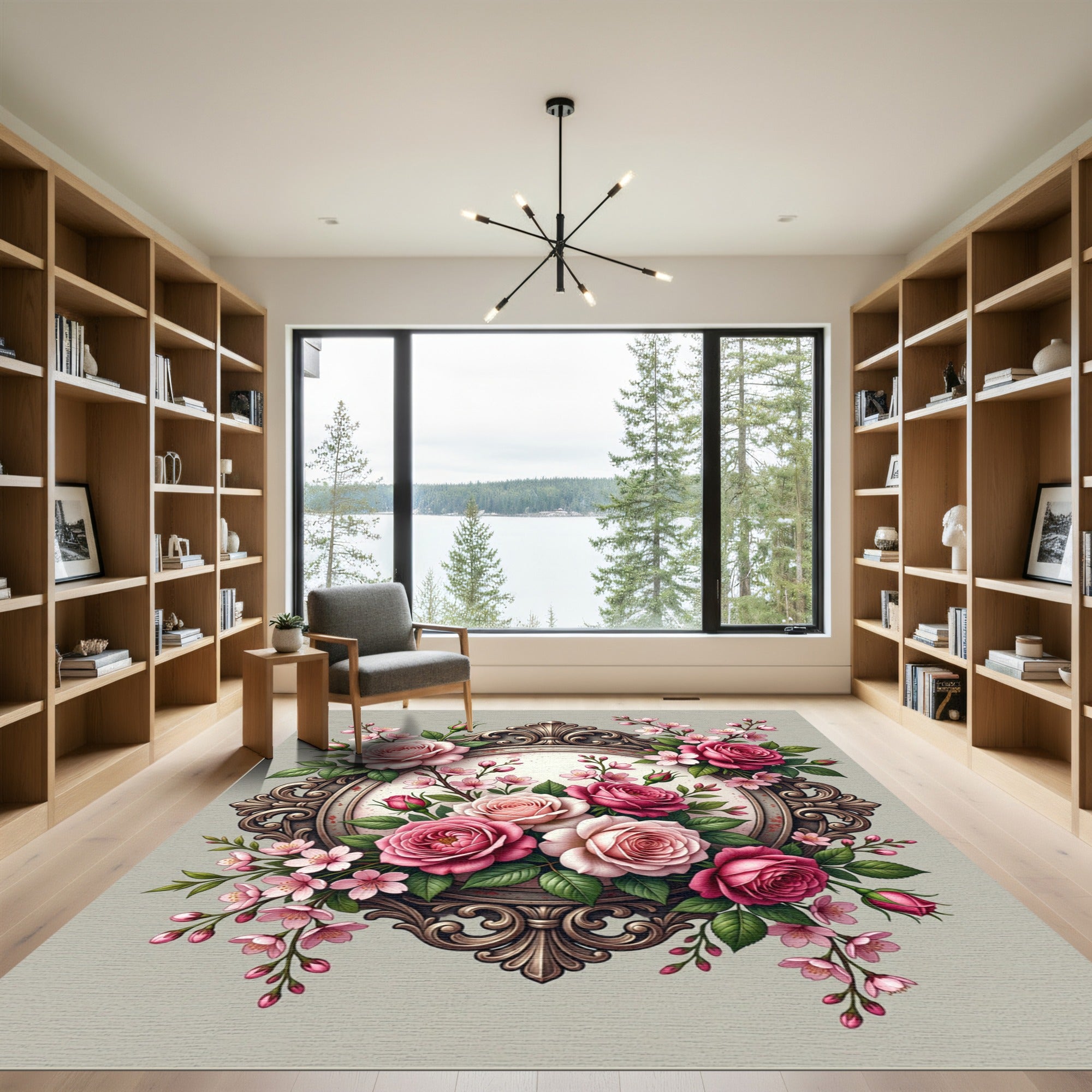 Romantic Pink Rose Victorian Floral Frame Rug