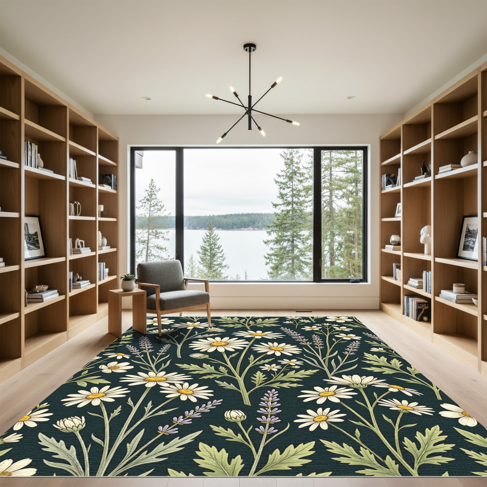 Dark Botanical Daisy and Lavender Accent Rug