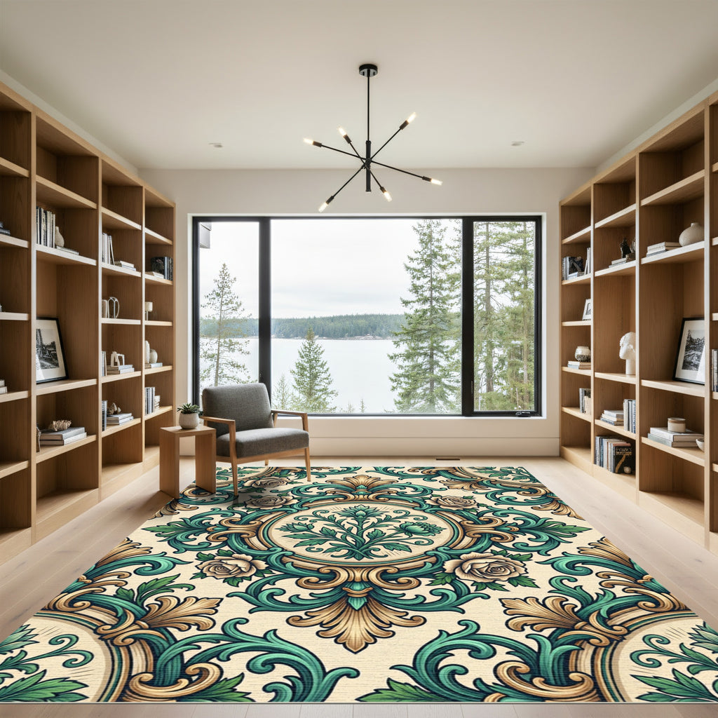Elegant Teal and Gold Rose Damask Rug