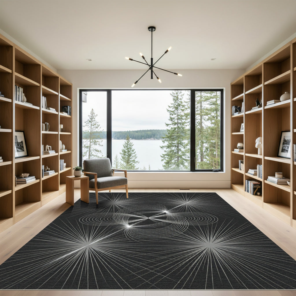Silver Starburst Swirl Abstract Rug