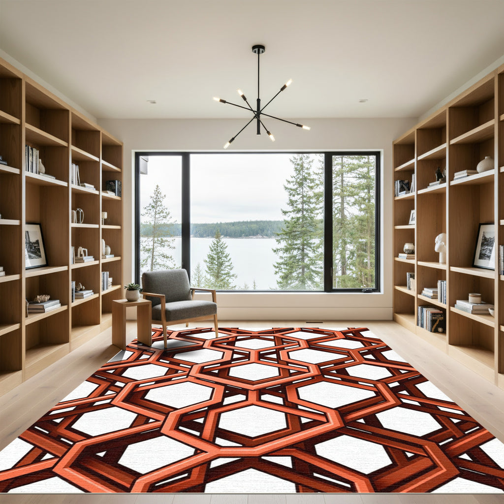 Geometric Burnt Orange Interlocking Hexagon Overlay Rug