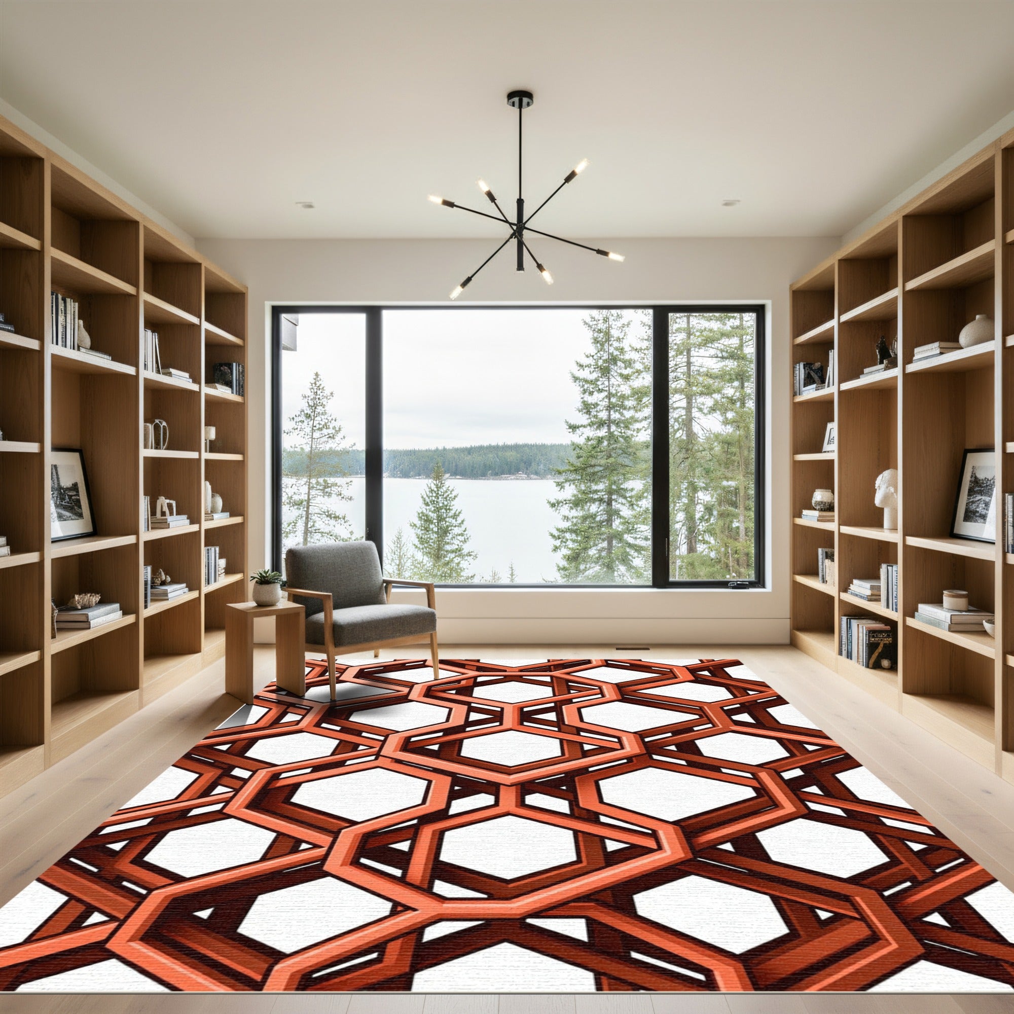 Geometric Burnt Orange Interlocking Hexagon Overlay Rug