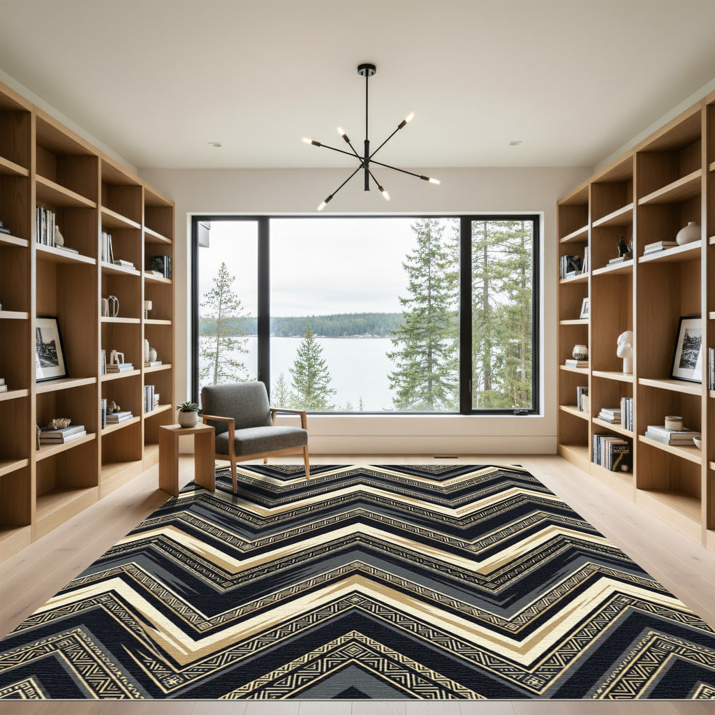 Elegant Black Gold Geometric Chevron Rug