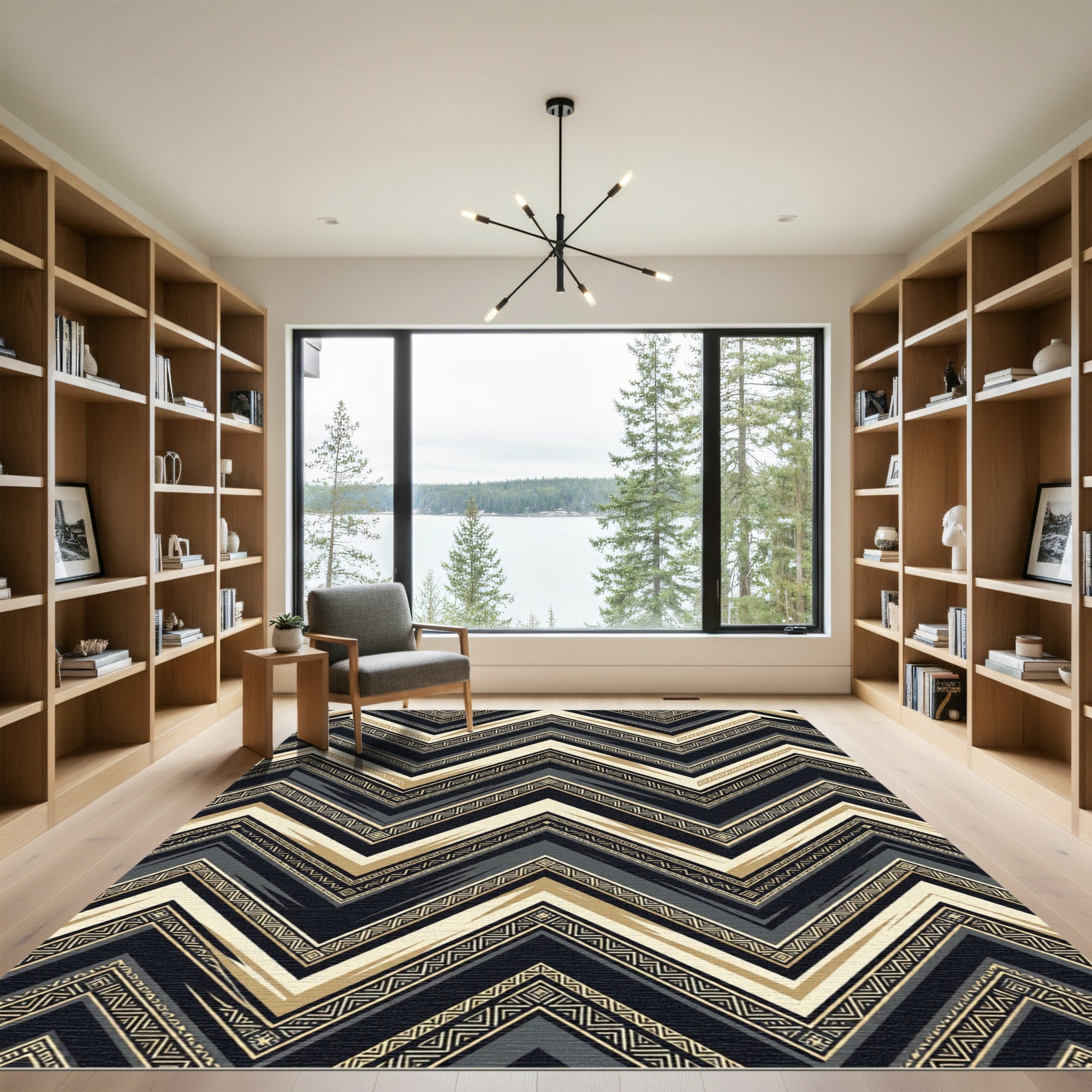 Elegant Black Gold Geometric Chevron Rug