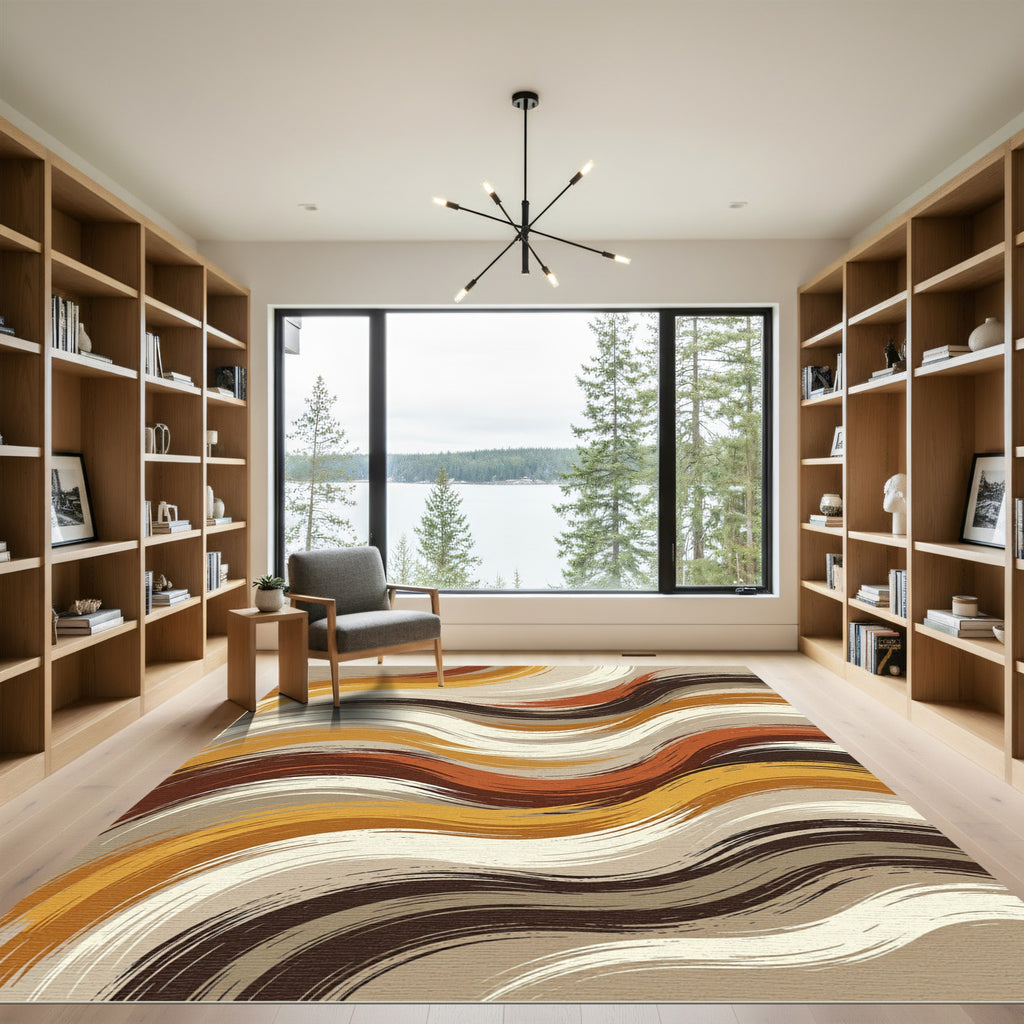 Earthy Brown Abstract Wavy Striped Rug
